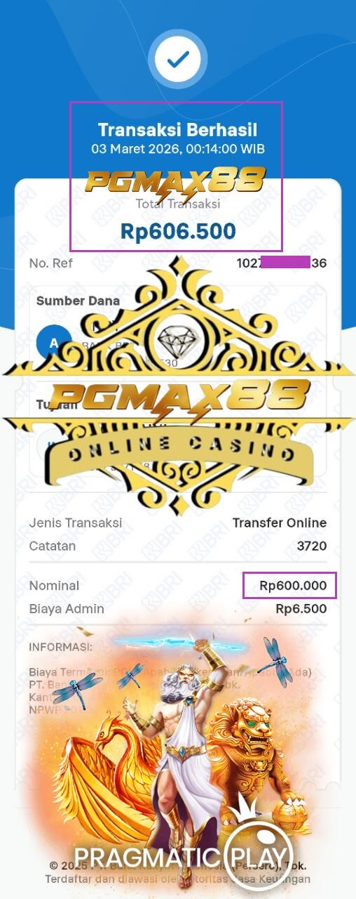 Bukti transfer bank dari kemenangan slot Pussy888