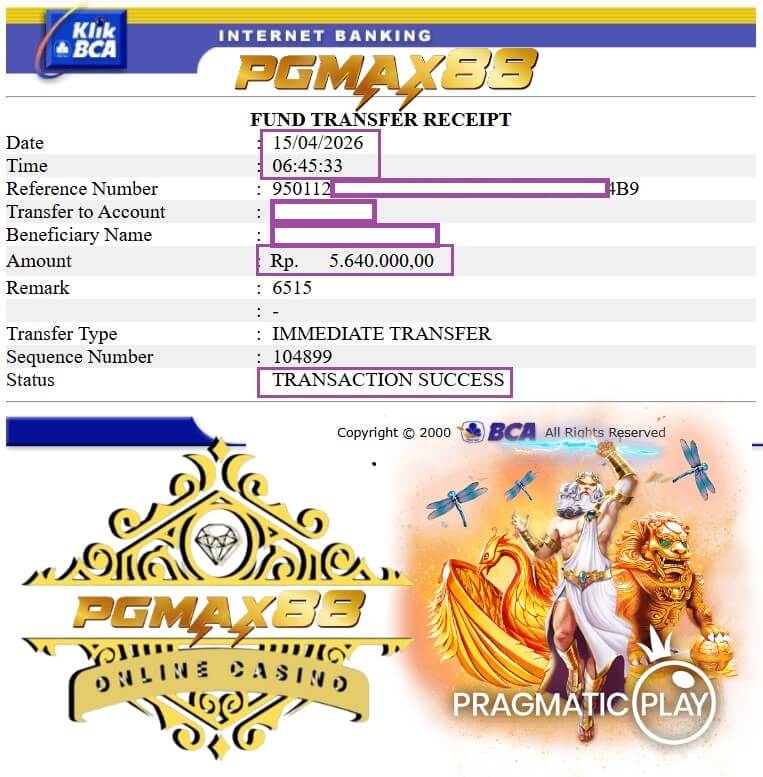 Bukti transfer kemenangan Live22 ke rekening