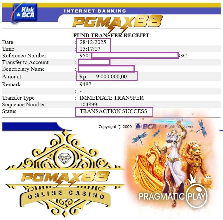 Bukti transfer bank dari rival setelah jackpot slot