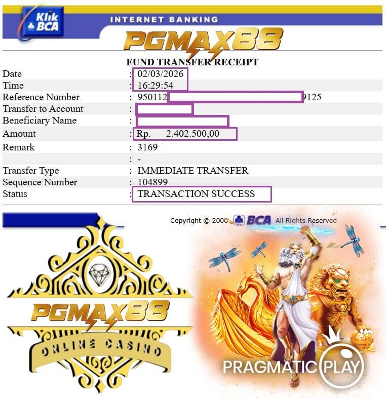 Bukti transfer bank dari kemenangan NTC33