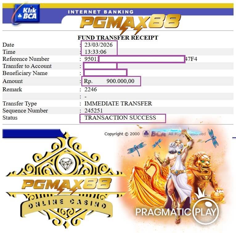 Bukti transfer bank dari kemenangan jackpot habanero