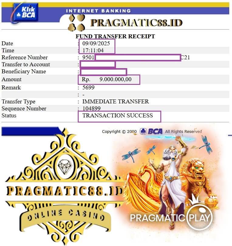 Bukti transfer bank dari kemenangan gue di 918Kiss