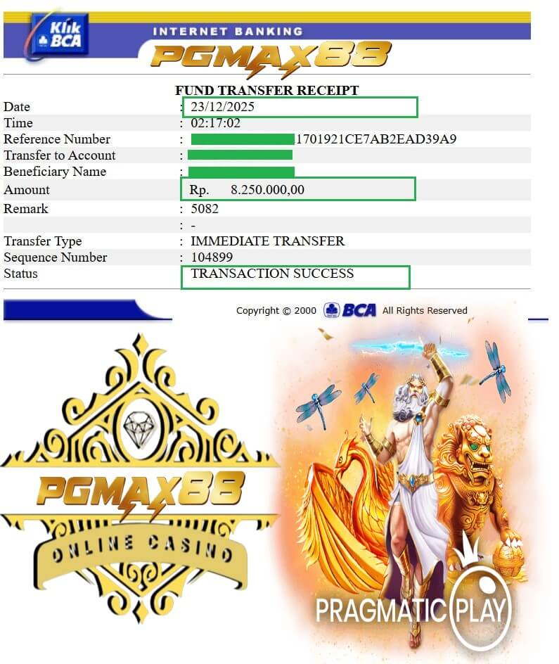 Bukti transfer bank dari kemenangan gila-gilaan