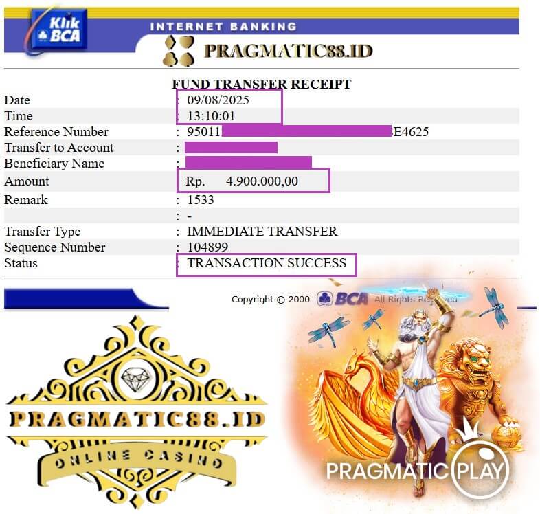 Bukti transfer kemenangan Thomas Davis di Mega888