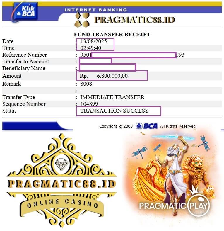 Bukti transfer kemenangan Sarah Wilson di 918Kiss