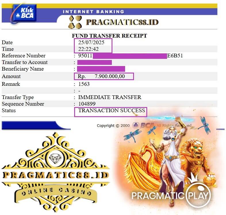 Bukti transfer bank kemenangan Sarah Brown di Ace333