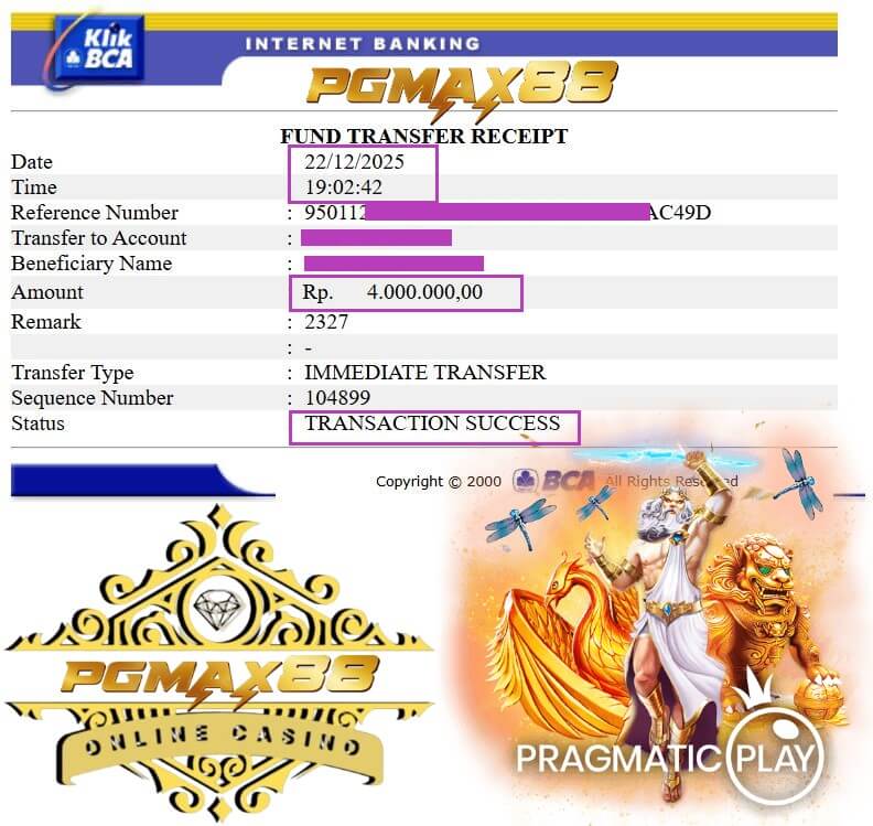 Bukti transfer bank dari kemenangan besar di ACE333