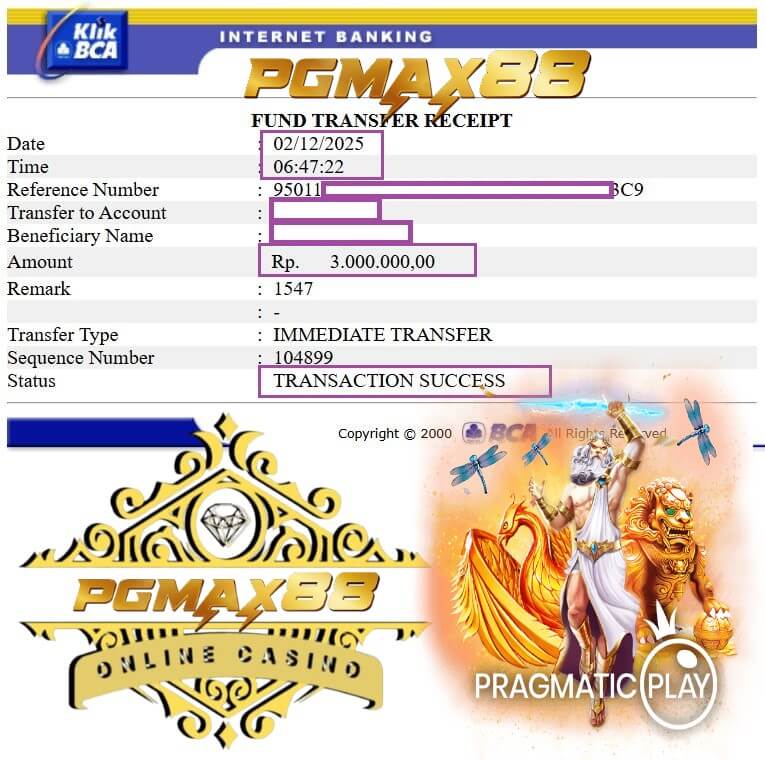 Bukti transfer jackpot ke rekening bank