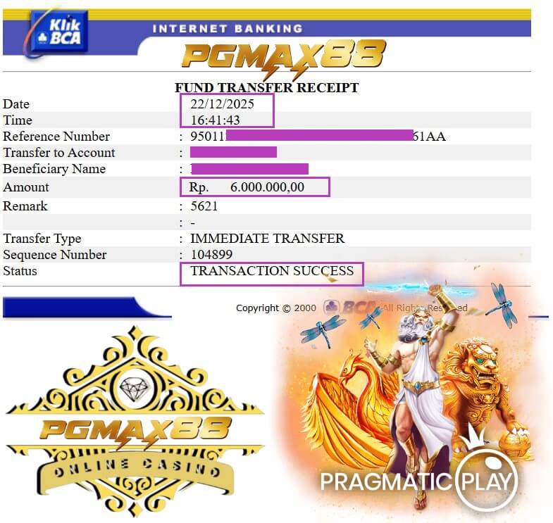 Bukti transfer kemenangan 918KISS masuk rekening