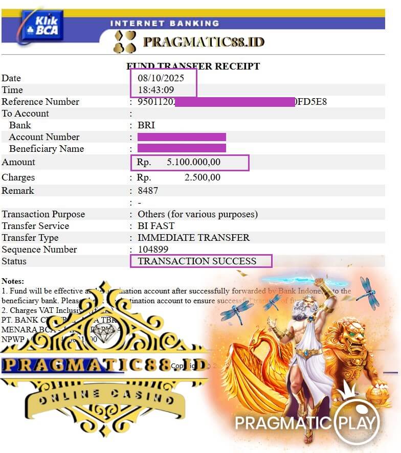 Bukti transfer kemenangan jackpot gue