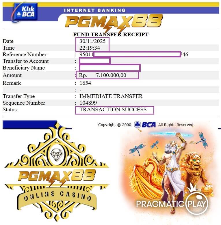 Bukti transfer jackpot ke rekening