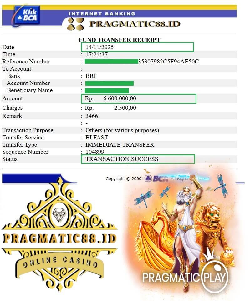 Bukti transfer kemenangan jackpot gue