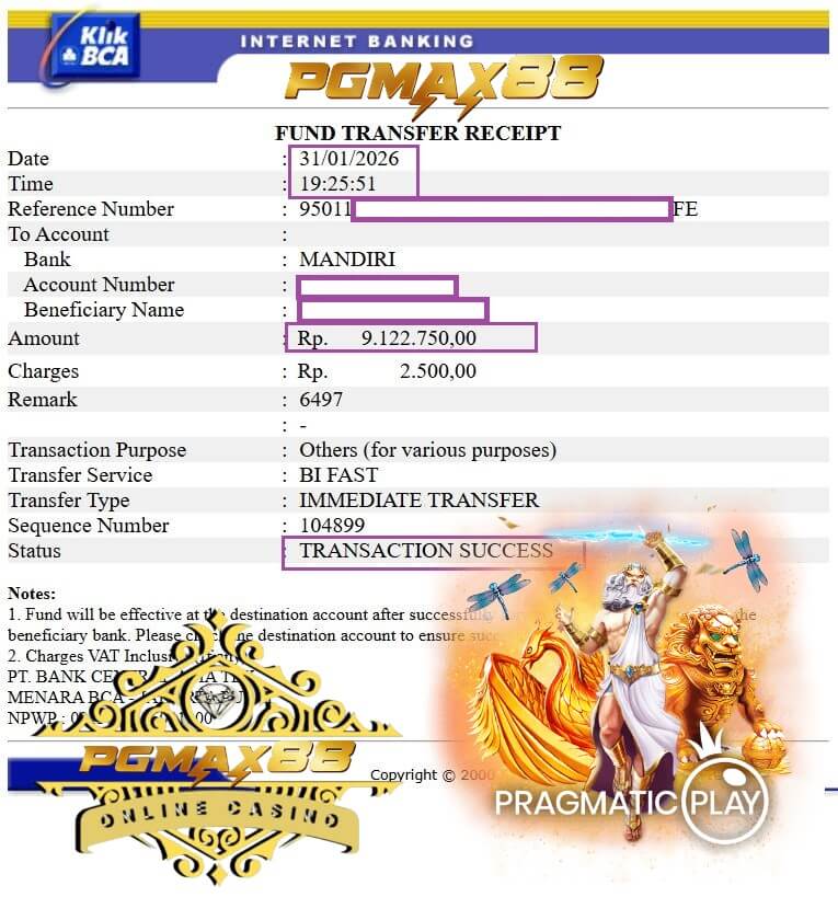 Bukti transfer jackpot 918Kiss ke rekening bank