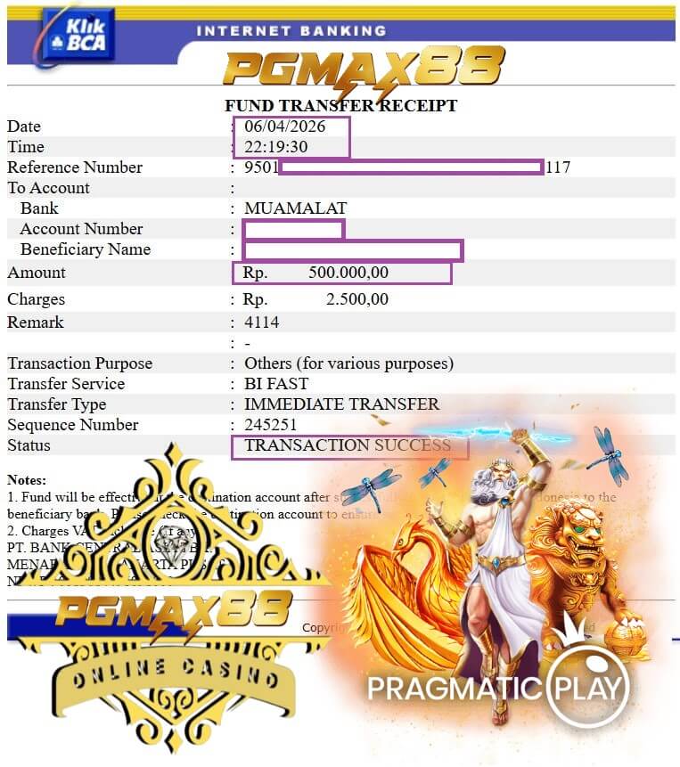 Bukti transfer jackpot ke rekening bank