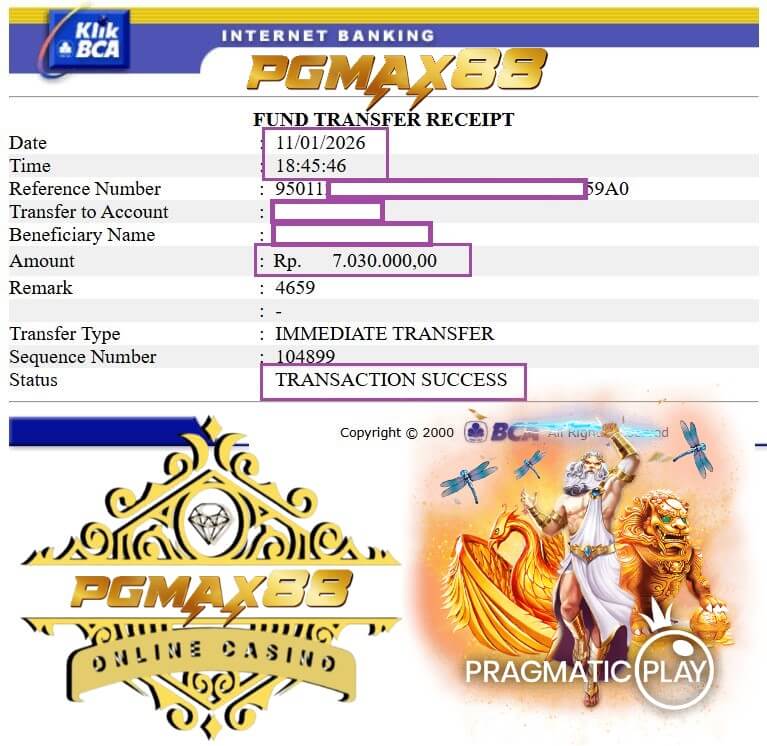 Slip transfer bukti pembayaran dari Mega888 ke rekening bank