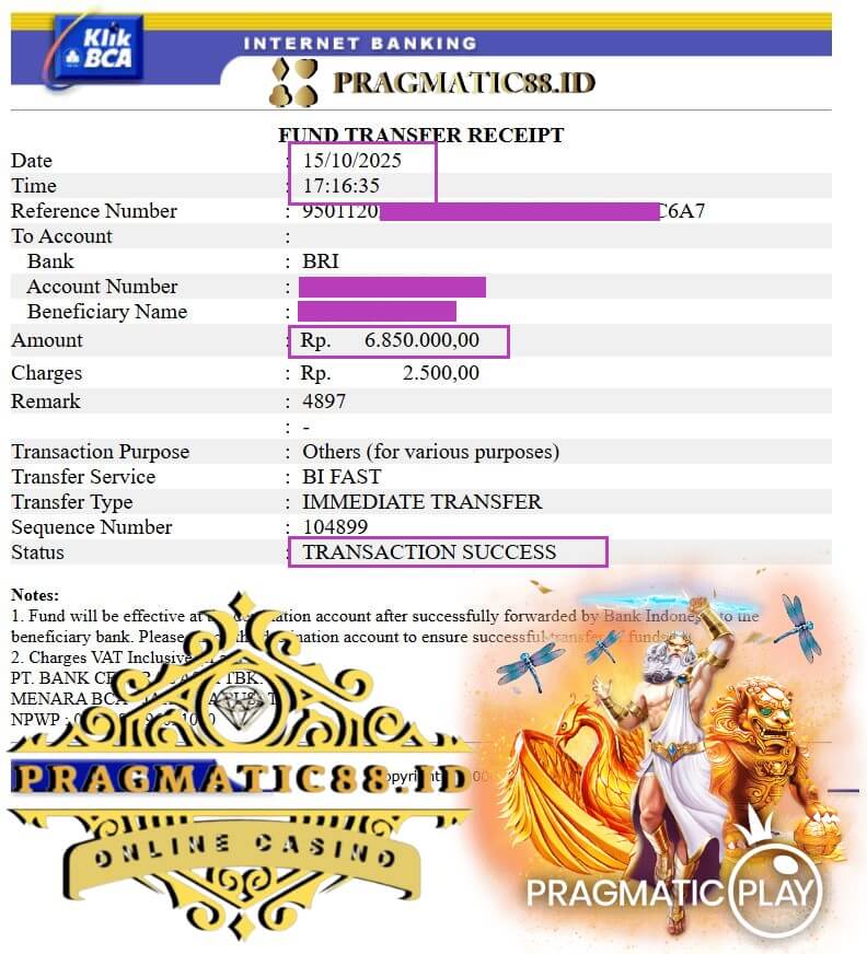 Bukti transfer jackpot masuk rekening