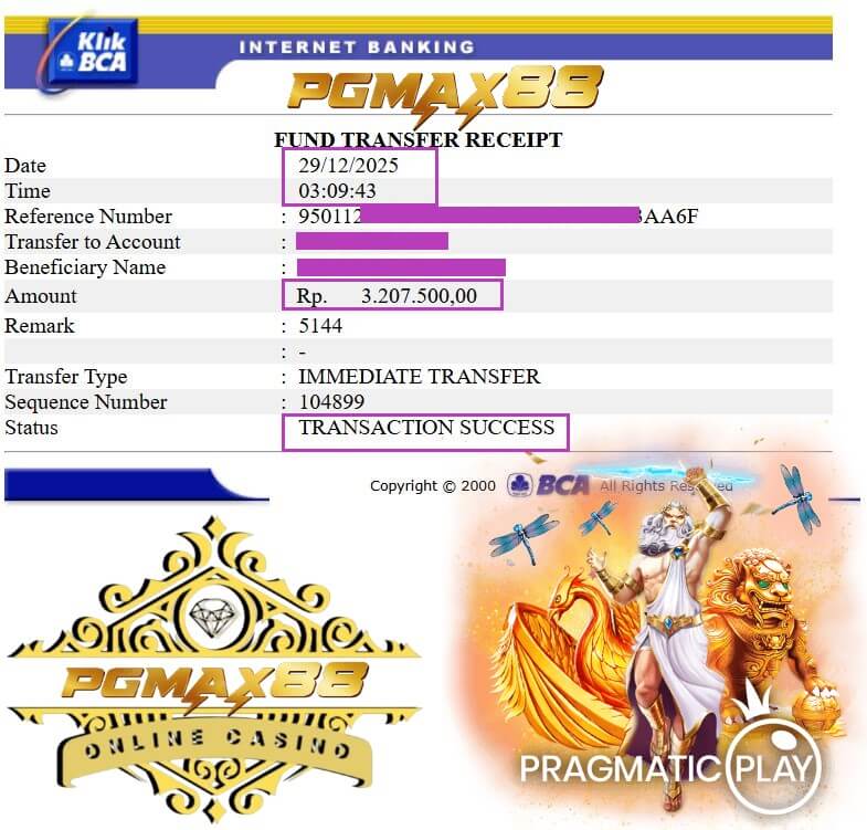 Bukti transfer kemenangan dari Ace333, nominal gede banget!