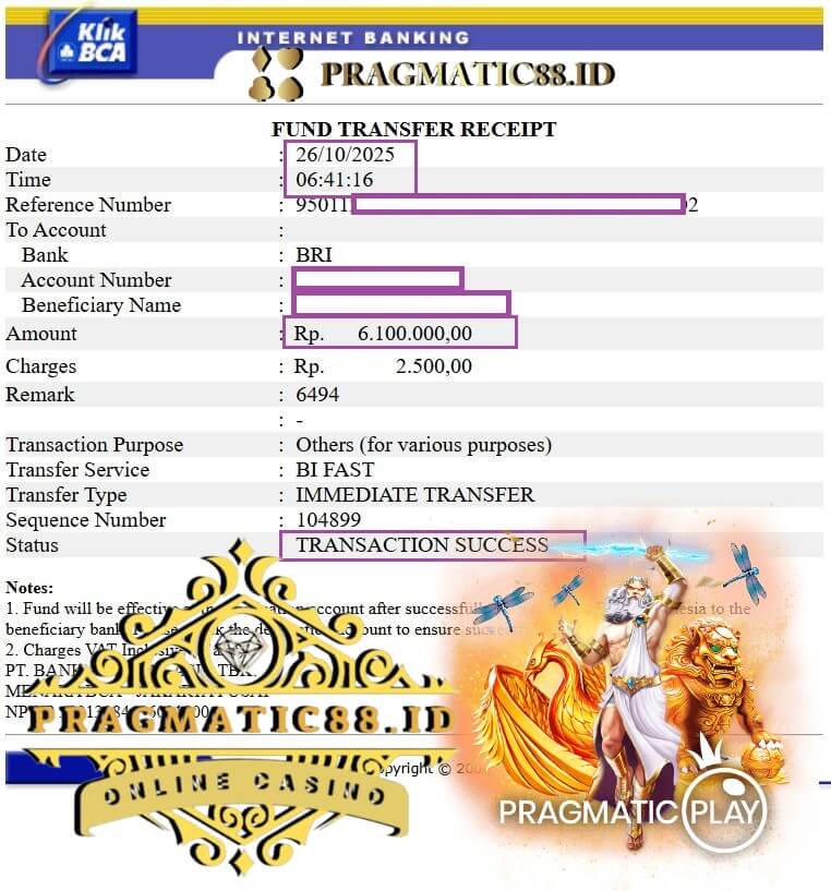 Bukti transfer kemenangan setelah switch game