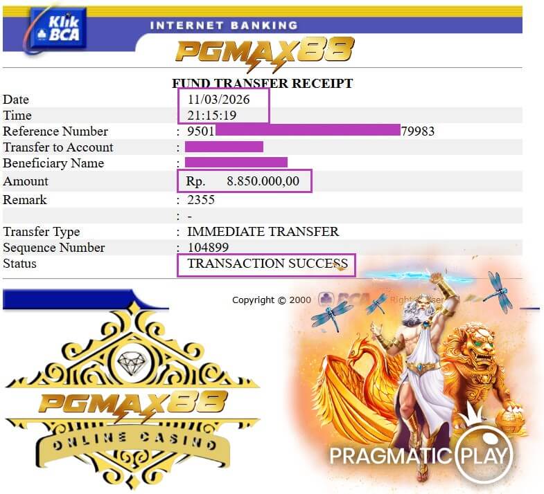 Slip transfer bukti kemenangan jackpot Pussy888