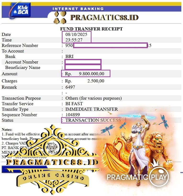 Bukti transfer kemenangan dari sesi gaming tengah malam