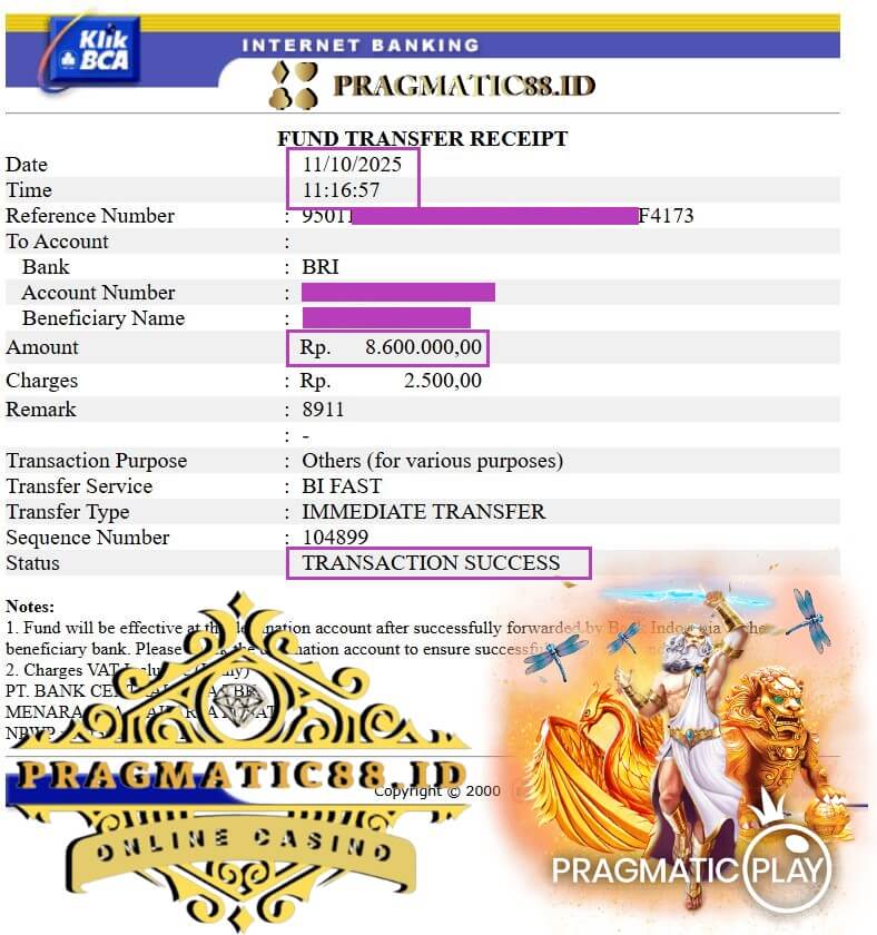 Bukti transfer bank kemenangan gue