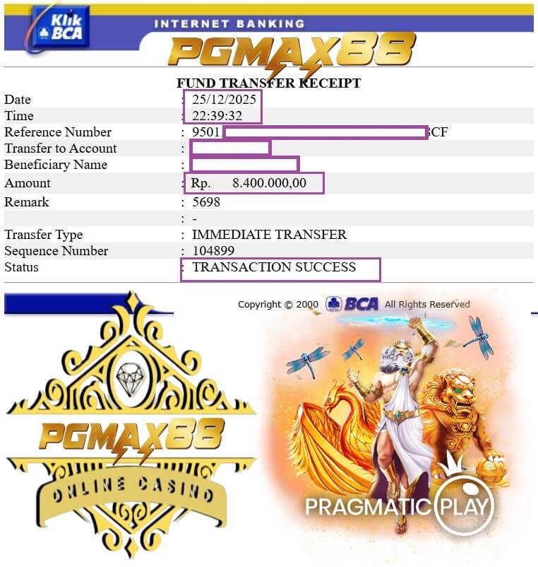 Bukti transfer bank dari kemenangan slot malam itu
