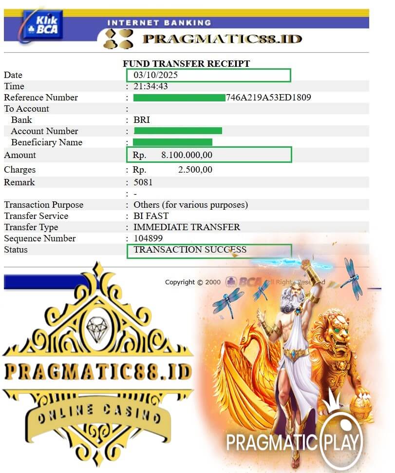 Bukti transfer jackpot ke rekening bank