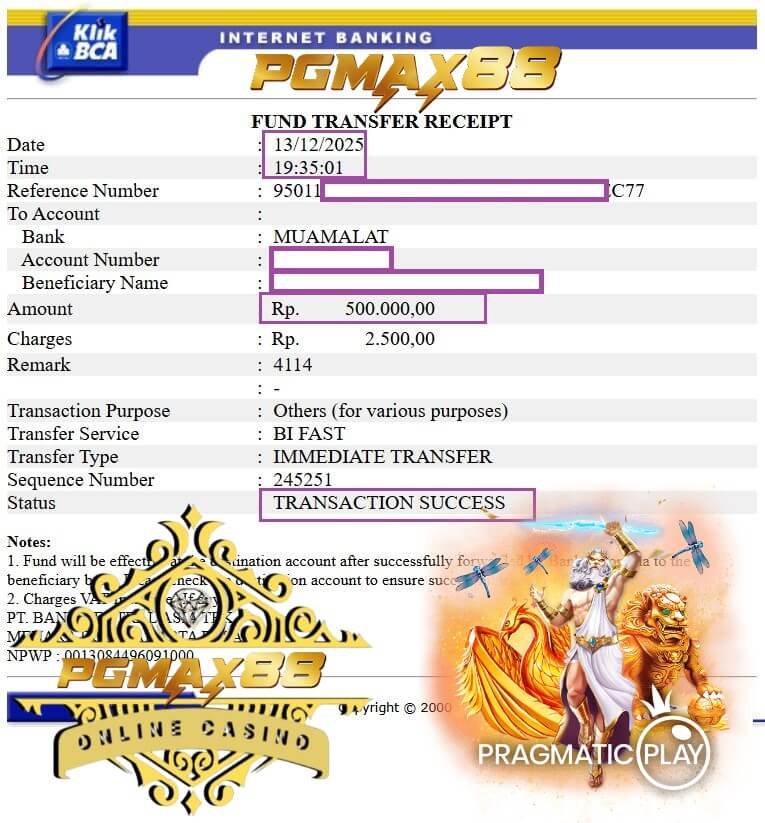 Bukti transfer bank dari kemenangan gue