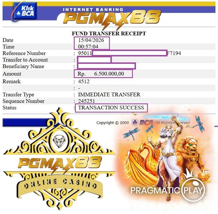 Bukti transfer bank dari kemenangan slot
