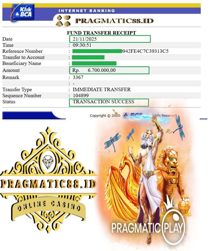 Bukti transfer bank dari kemenangan game judi online