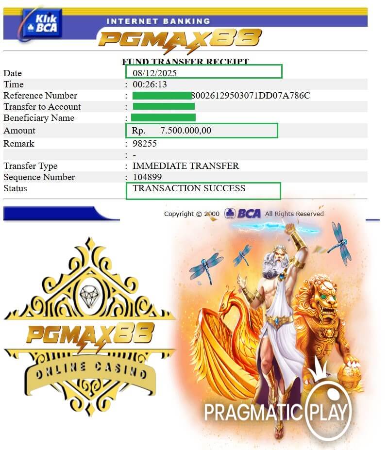 Bukti transfer bank dari kemenangan malam itu