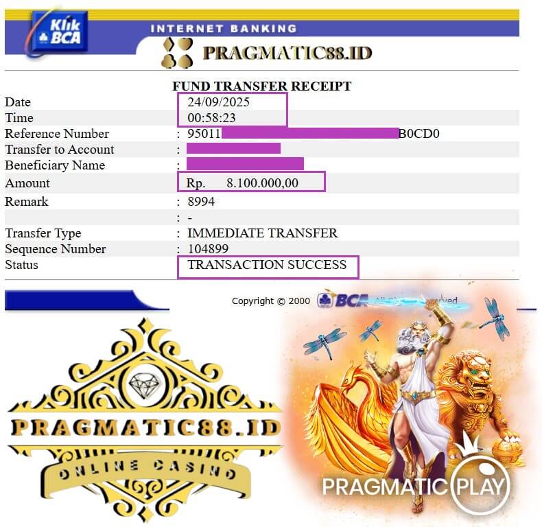 Bukti transfer bank dari kemenangan gue yang gila