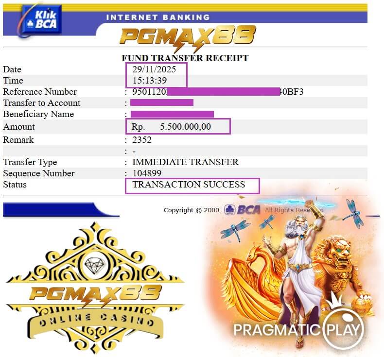 Bukti transfer duit dari kemenangan Live22