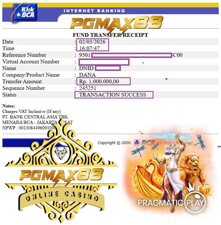 Bukti transfer bank dari kemenangan Mega888 malam itu