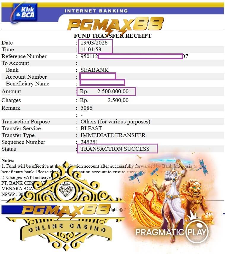 Bukti transfer bank dari kemenangan game tadi malam