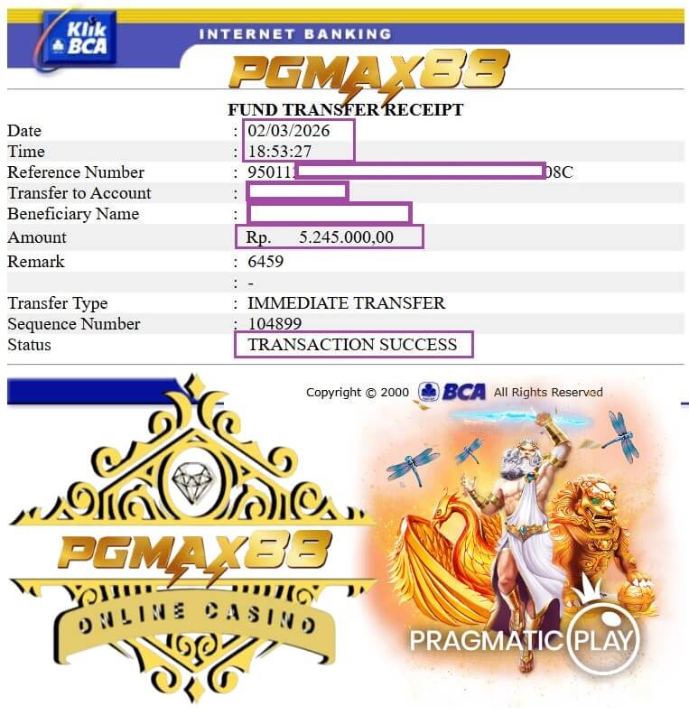 Slip transfer bank bukti pembayaran kemenangan dari kasino online