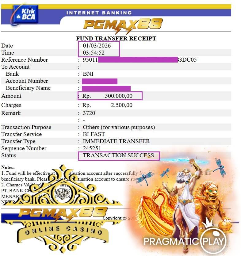 Bukti transfer bank dari kemenangan gaming malam itu