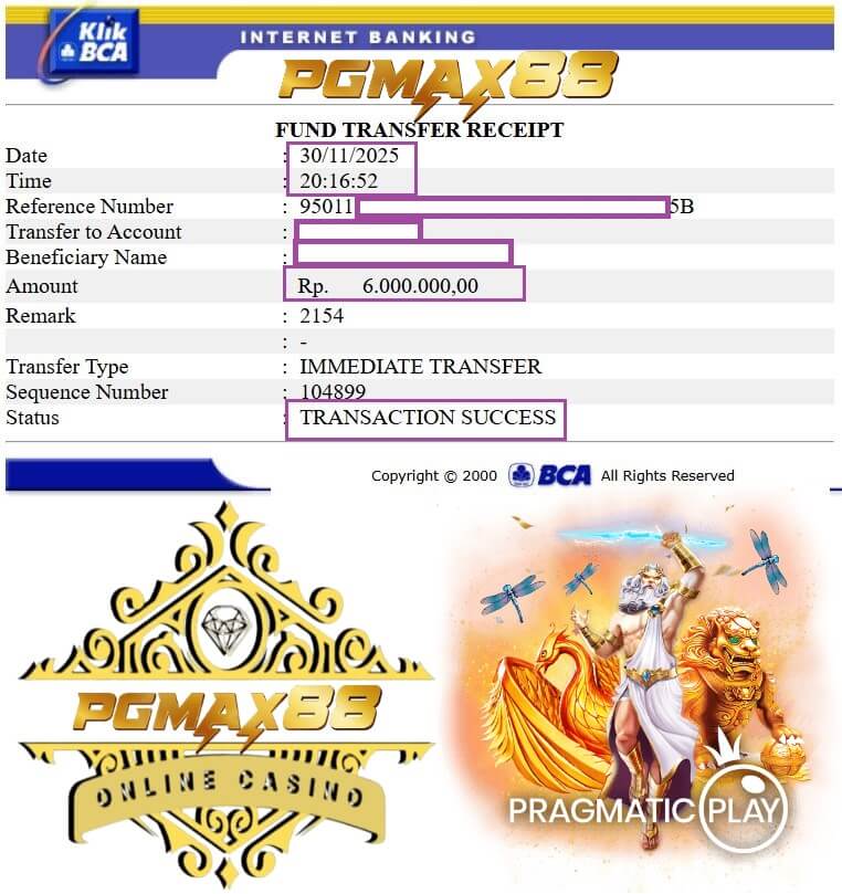 Bukti transfer kemenangan gue dari Pussy888