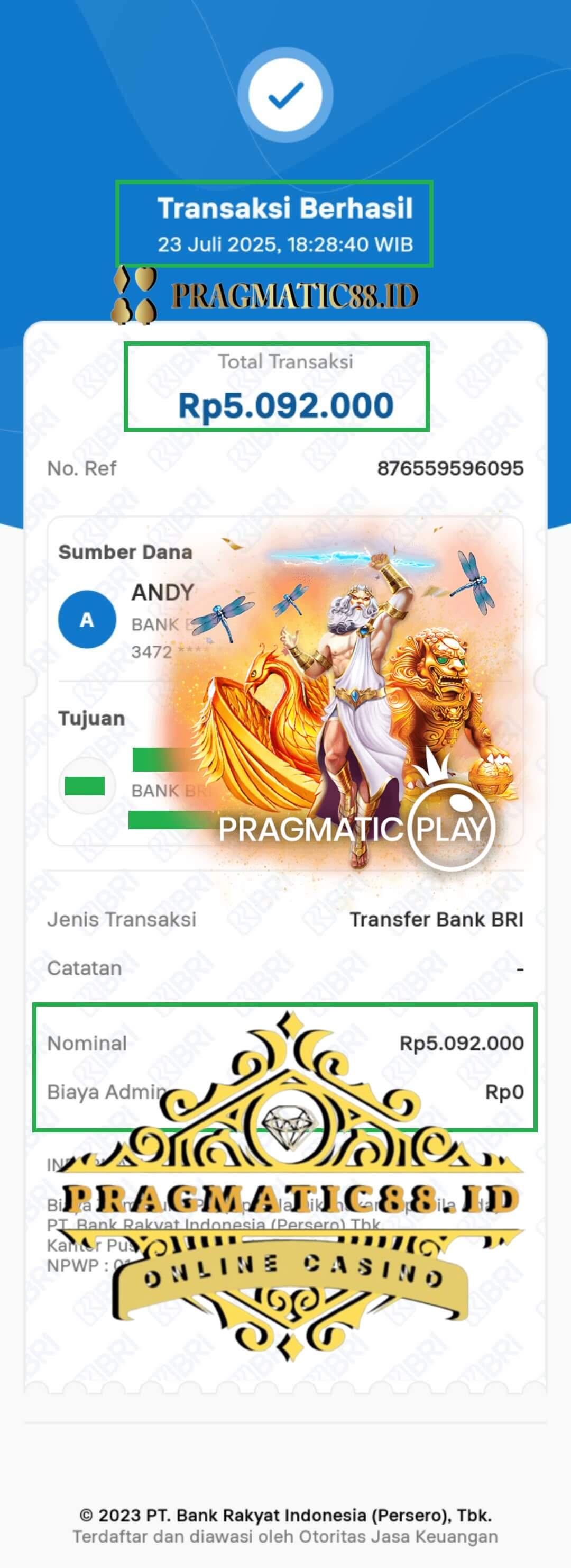 Bukti transfer kemenangan Michael Wilson di Ace333