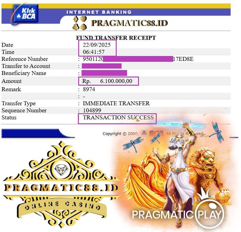 Bukti transfer jackpot slot Pragmatic Play yang gue menangin