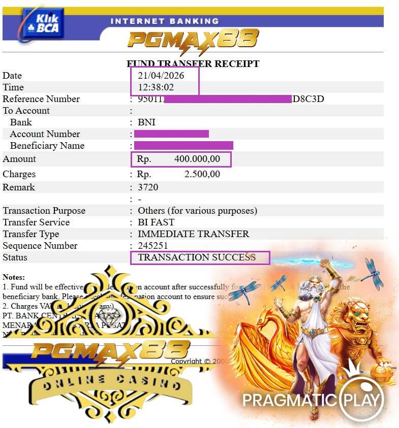 Bukti transfer kemenangan jackpot malam itu