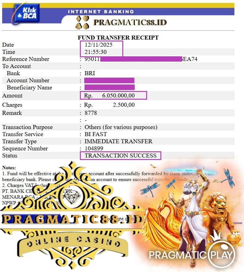 Bukti transfer kemenangan turnamen malam itu