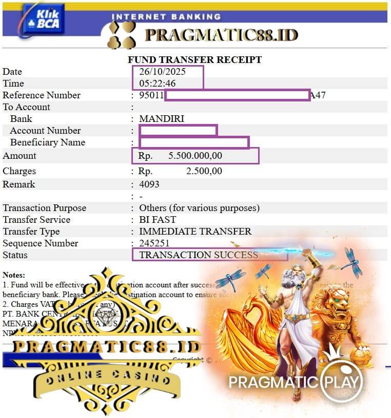 Bukti transfer pertama dari hasil main game