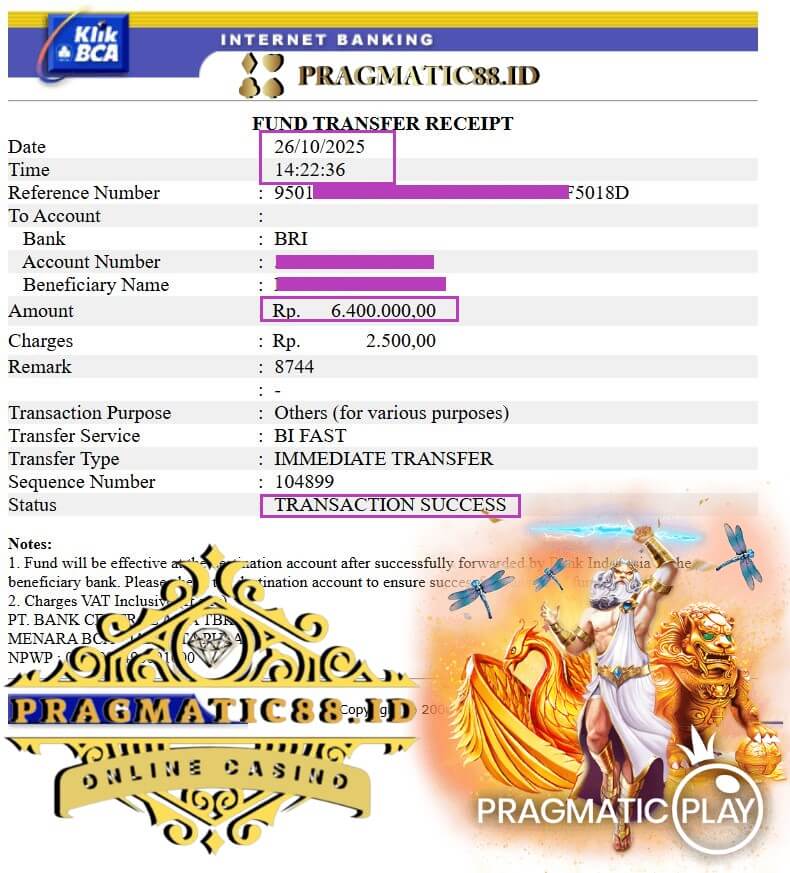 Bukti transfer kemenangan Live22