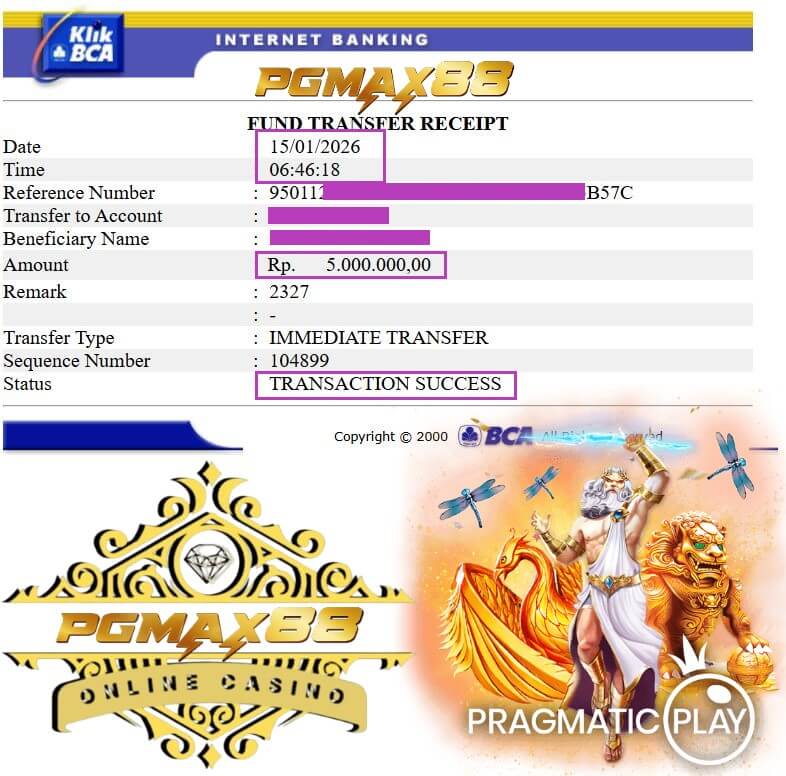 Bukti transfer kemenangan Live22, nominal jelas terlihat