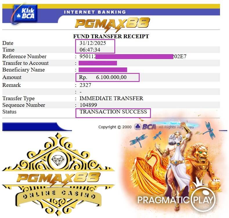 Bukti transfer bank dari kemenangan Live22