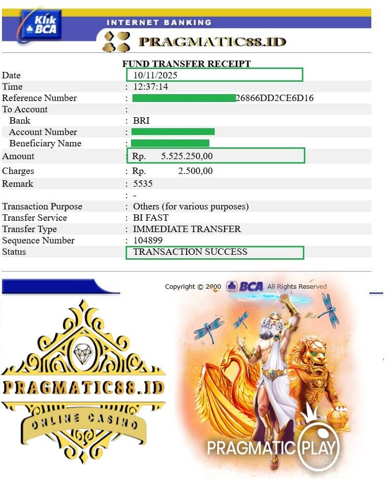 Bukti transfer kemenangan taruhan game