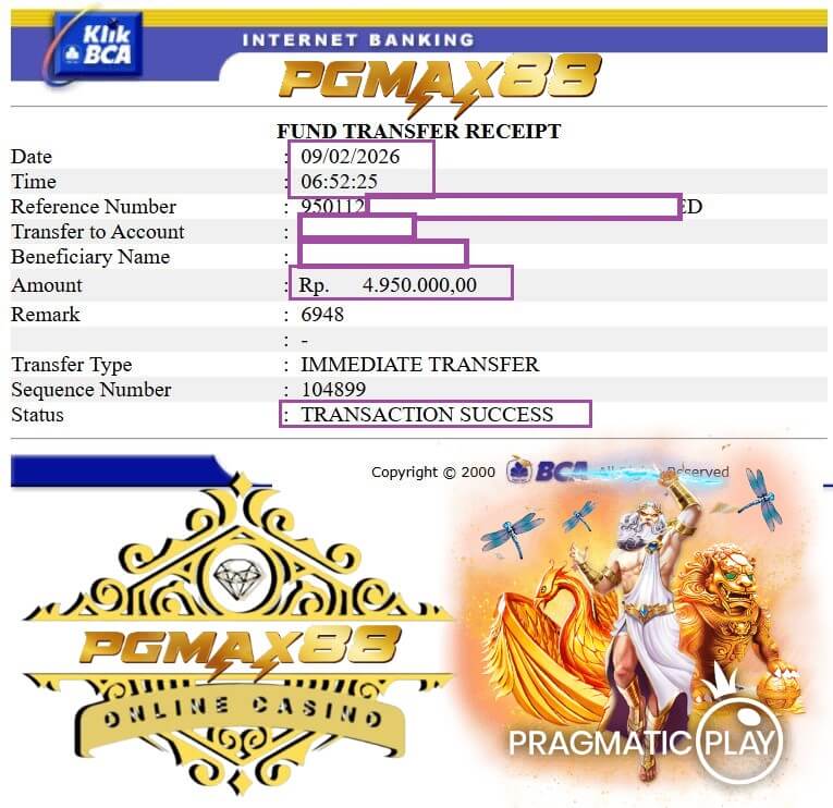 Bukti transfer kemenangan dari NTC33