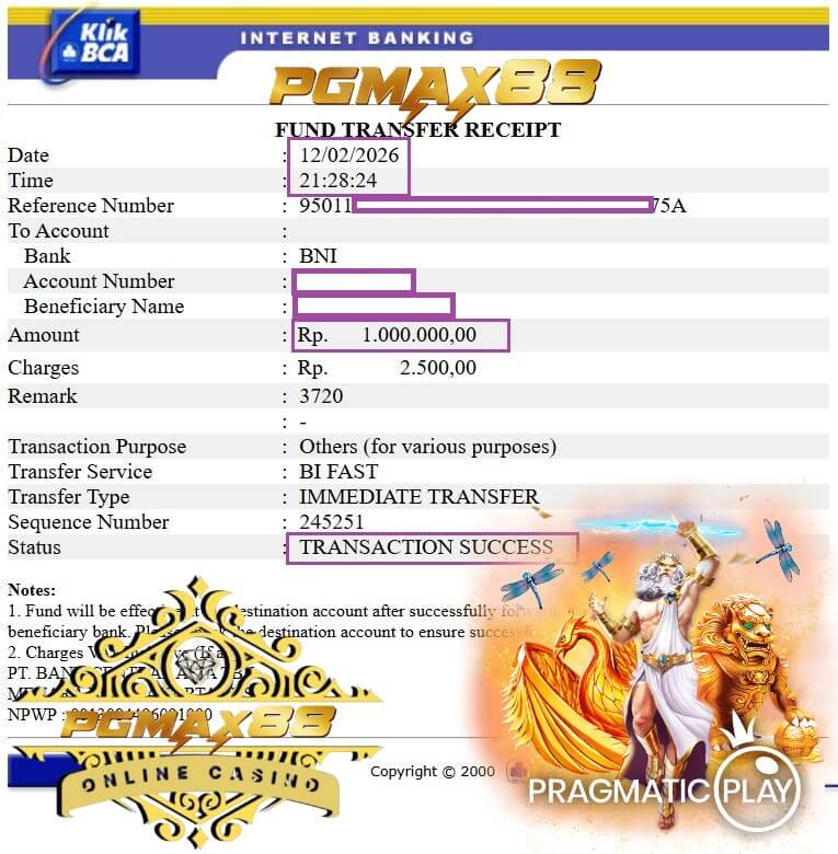 Slip transfer bank bukti kemenangan gue malam ini