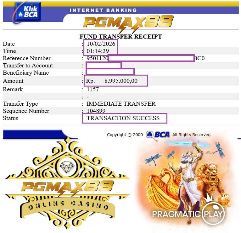 Bukti transfer kemenangan dari lawan